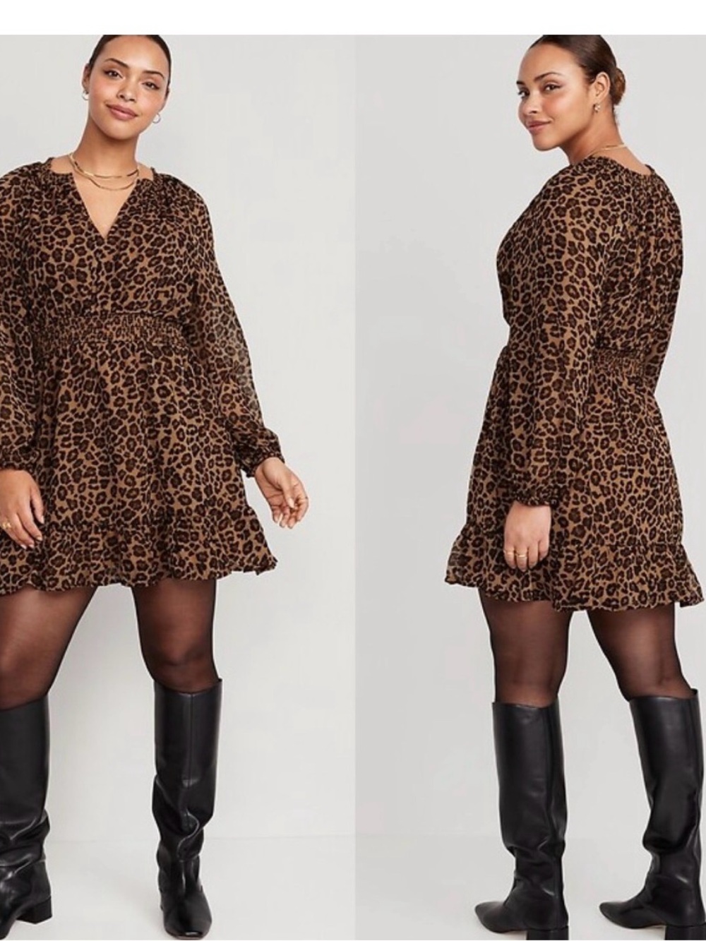🔥NWOT Leopard Print Smocked Long-Sleeve Tiered Mini Dress - Brown/Elastic Waist💃